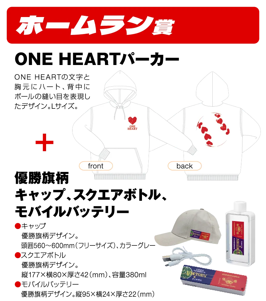 ホームラン賞 ONE HEARTパーカー+優勝旗柄キャップ、スクエアボトル、モバイルバッテリー 10名様様